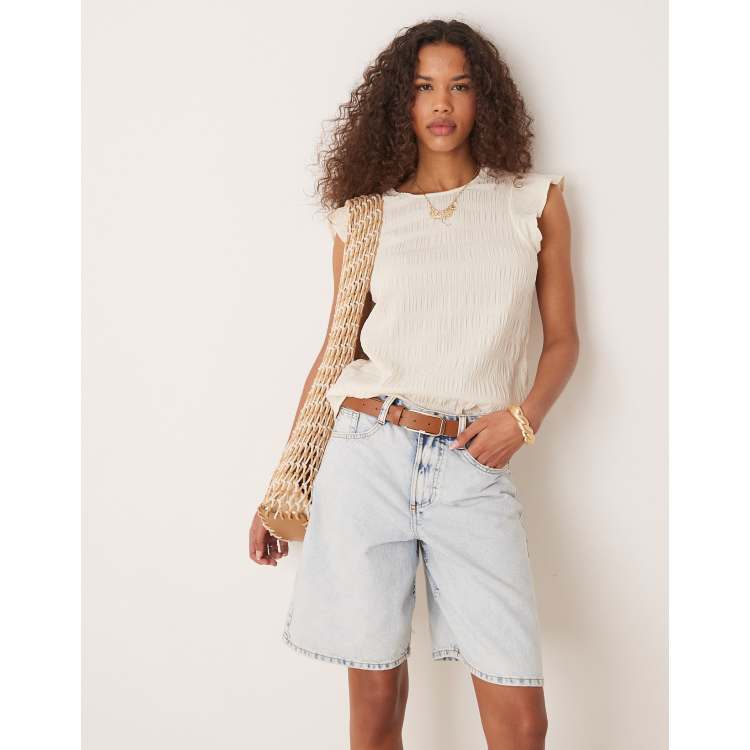 VILA crinkle shirred detail top with ruffle sleeve detail in
