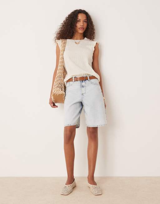 VILA crinkle shirred detail top with ruffle sleeve detail in birch cream, 2 of 4