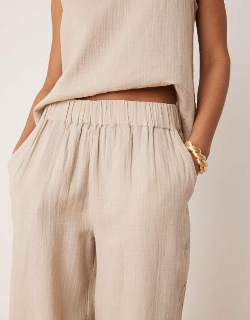 Vila crinkle wide leg trouser co-ord in beige, 3 of 5