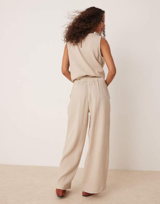Vila crinkle wide leg trouser co-ord in beige, 4 of 5