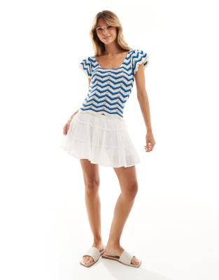 Vila Crochet Cap Sleeve Top In Blue And Cream-white