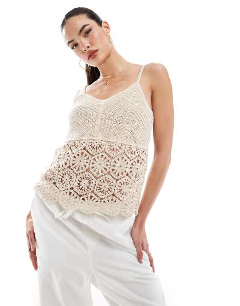 Vila crochet mix cami top in beige - view 1