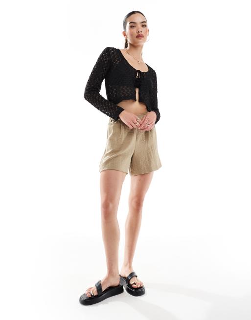 Vila crochet stretch tie front cardigan in black, 3 of 4