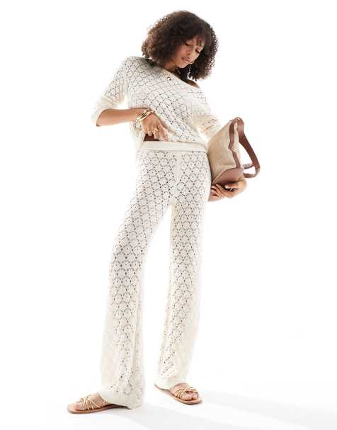 Vila crochet wide leg trouser co-ord in cream - view 1