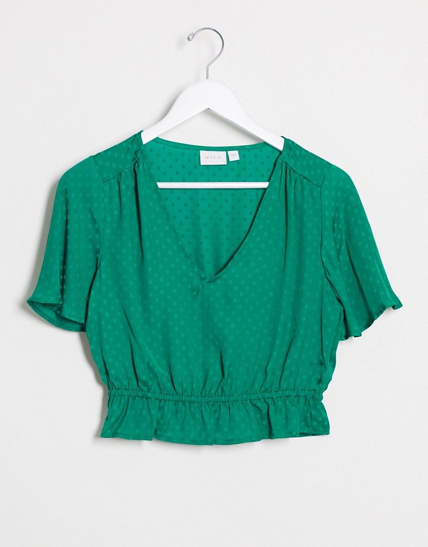 Vila - Cropped bluse i grøn plettet print