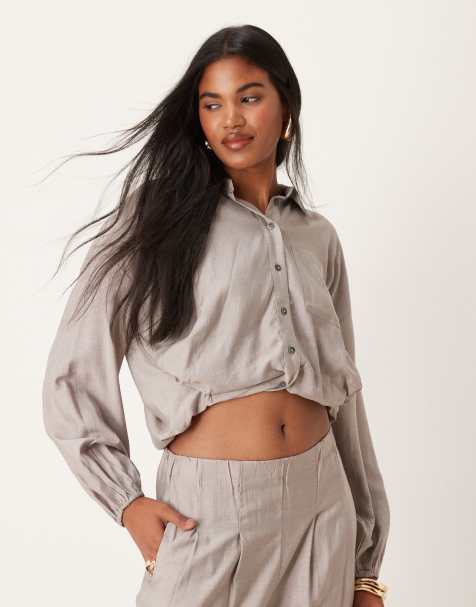 Vila cropped bubble hem shirt co-ord in grey - view 1