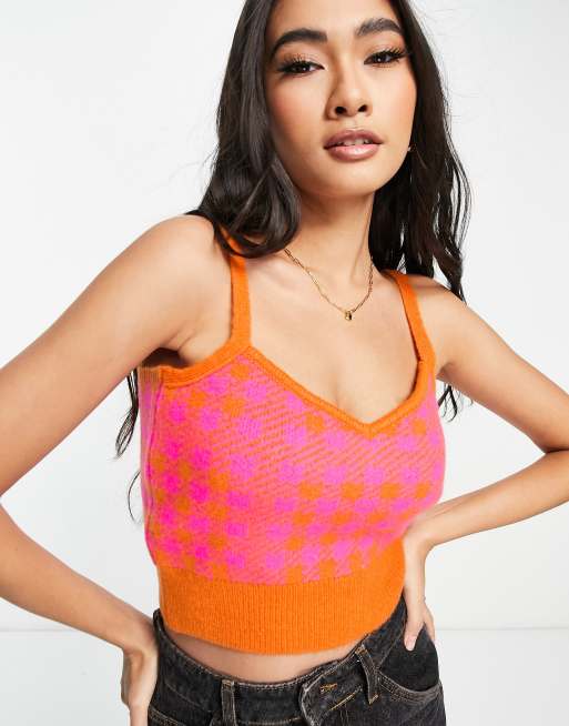 Vila cropped knitted top co-ord in bright check