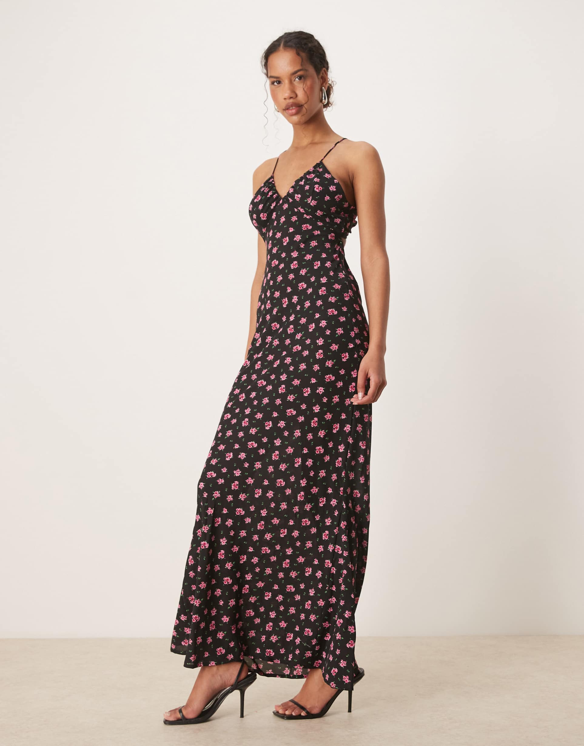 vila cross back detail maxi slip dress in black and pink floral print