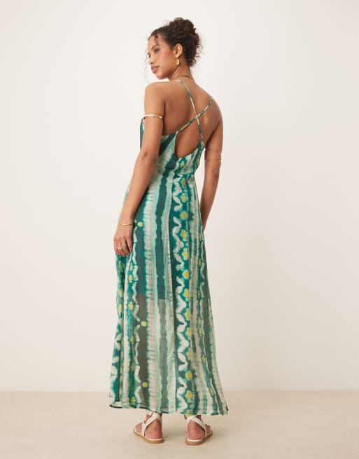 chinese dress ladies Tie Dye Maxi Dress in Green & Blues – vacationwardrobe.com