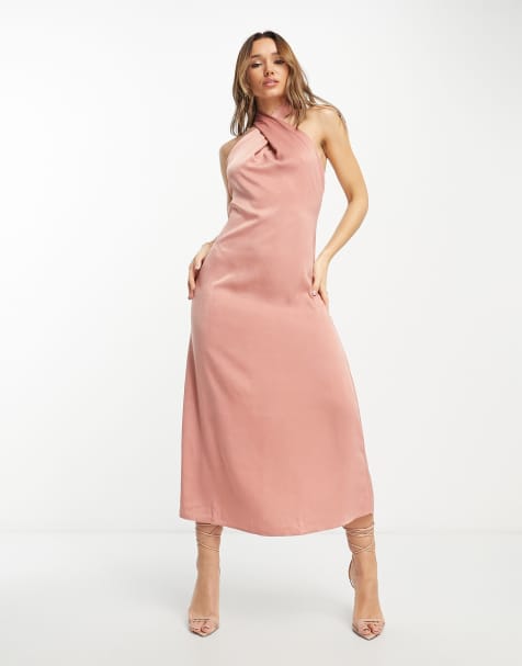Vila cross neck midi dress in rose pink - view 1