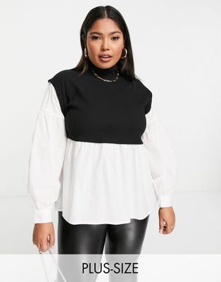 Vila Curve 2 in 1 knitted cropped vest and shirt in mono-Multi