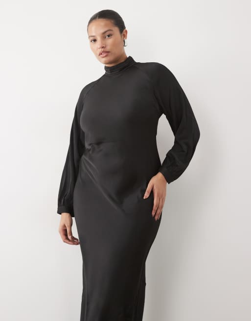 Vila Curve abito maxi in raso nero con collo alto e maniche lunghe, 3 di 4