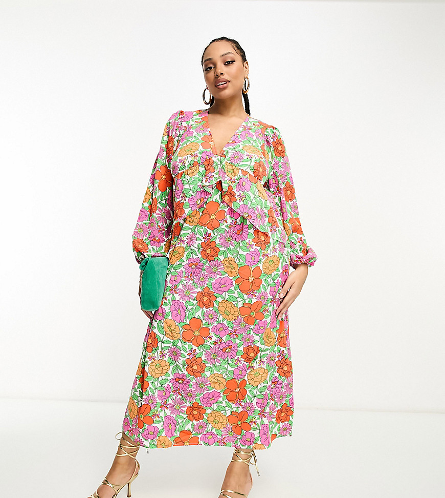 Vila Curve balloon sleeve midi dress with frill waist in bright bold floral-Multi