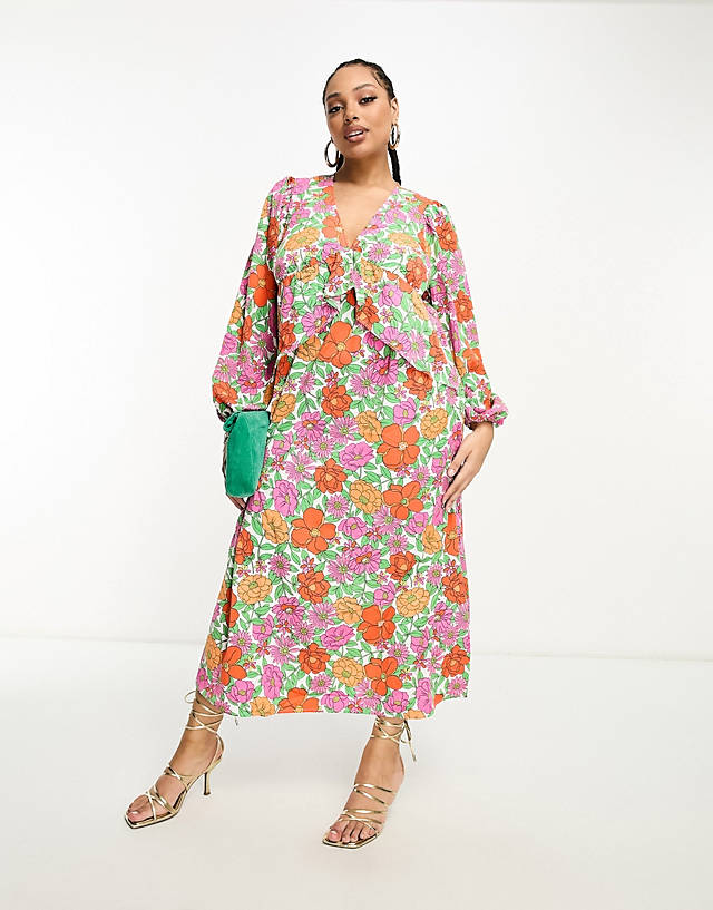 Vila Curve - balloon sleeve midi dress with frill waist in bright bold floral