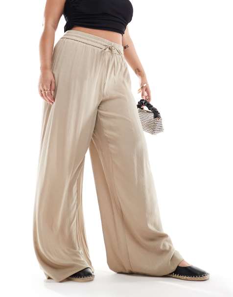 Vila Curve – Beige, plisserade byxor i tung satin med vida ben - view 1