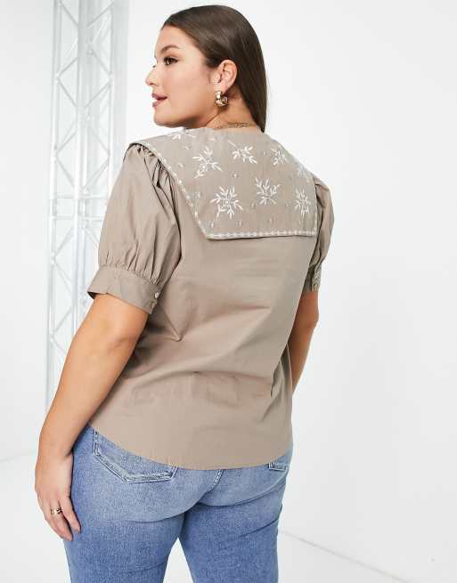Vila Curve – Beige skjorta med broderad krage, 4 av 4