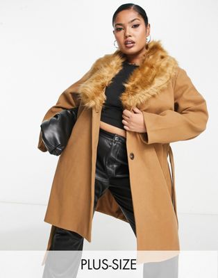 Vila Curve belted coat with fur collar in camel