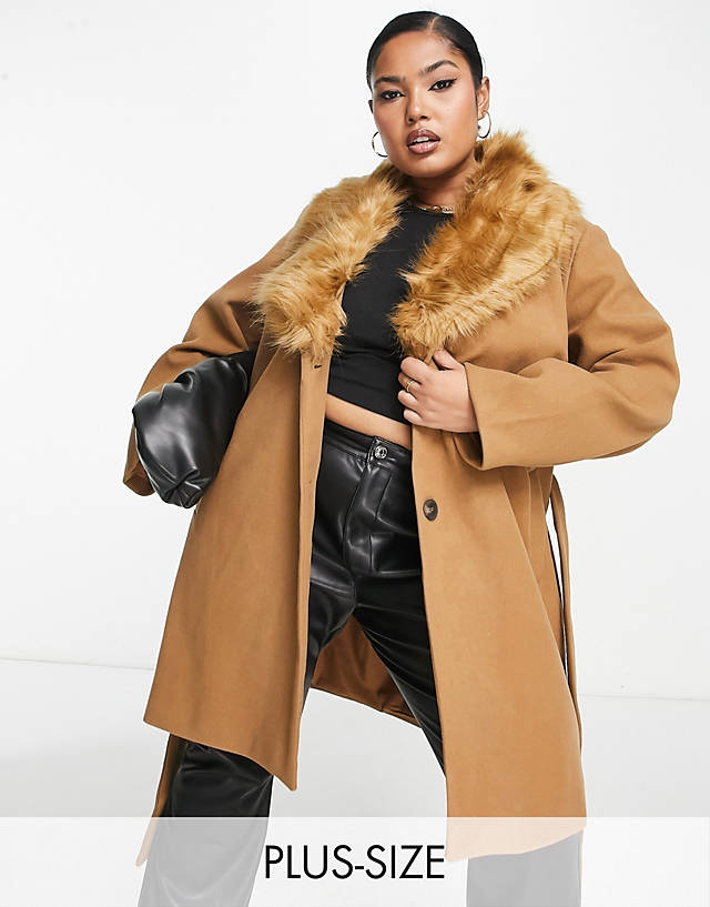 Vila Curve - belted coat with fur collar in camel