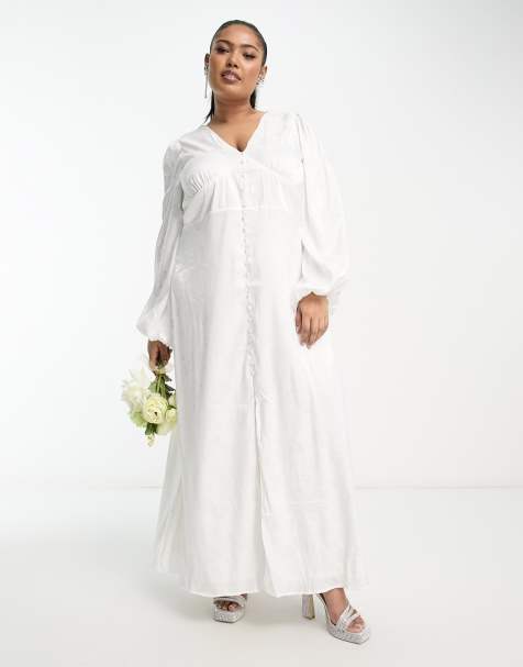 Vila Curve Bridal jacquard button through maxi dress with balloon sleeves in white - view 1