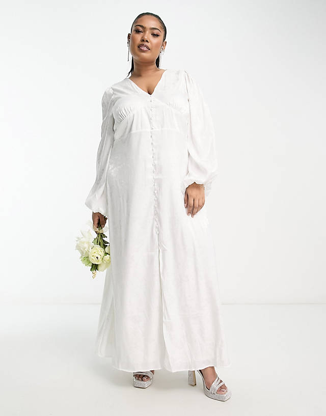 Vila Curve - bridal jacquard button through maxi dress with balloon sleeves in white