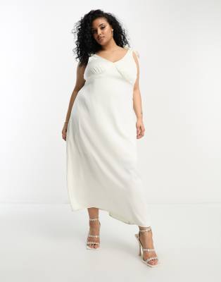 Vila Curve - Bridal - Maxikleid aus Satin in Creme mit gebundenen Camisole-Trägern-Weiß