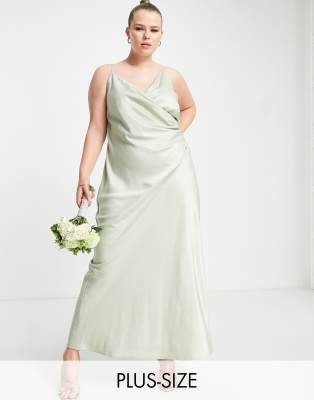 Vila Curve Vila Curve Bridesmaid cami maxi dress with ruching in green satin