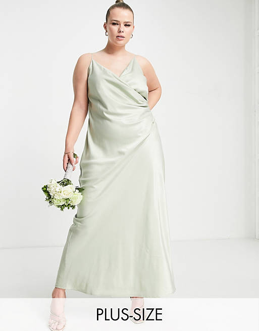 Vila Curve Bridesmaid cami maxi dress with ruching in green satin