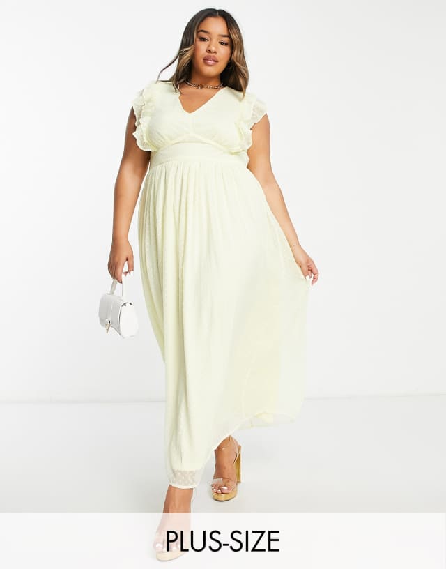 Vila Curve Bridesmaid midi dress with frill detail in textured yellow