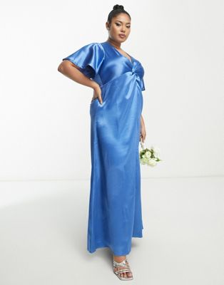 Vila Curve Bridesmaid satin flutter sleeve maxi dress in blue - ASOS Price Checker