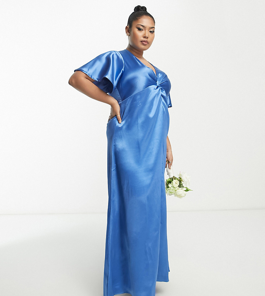Vila Curve Bridesmaid satin flutter sleeve maxi dress in blue