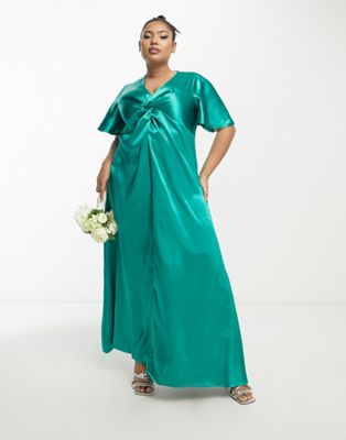 Vila Curve Bridesmaid Satin Flutter Sleeve Maxi Dress In Emerald Green
