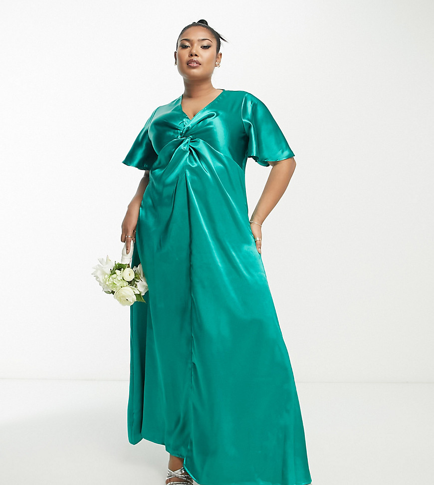 Bridesmaid satin flutter sleeve maxi dress in emerald green