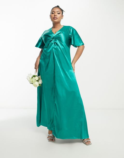 Vila Curve Bridesmaid satin flutter sleeve maxi dress in emerald green