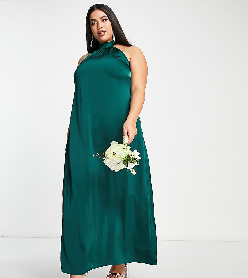 Vila Curve Bridesmaid satin halterneck maxi dress in deep green