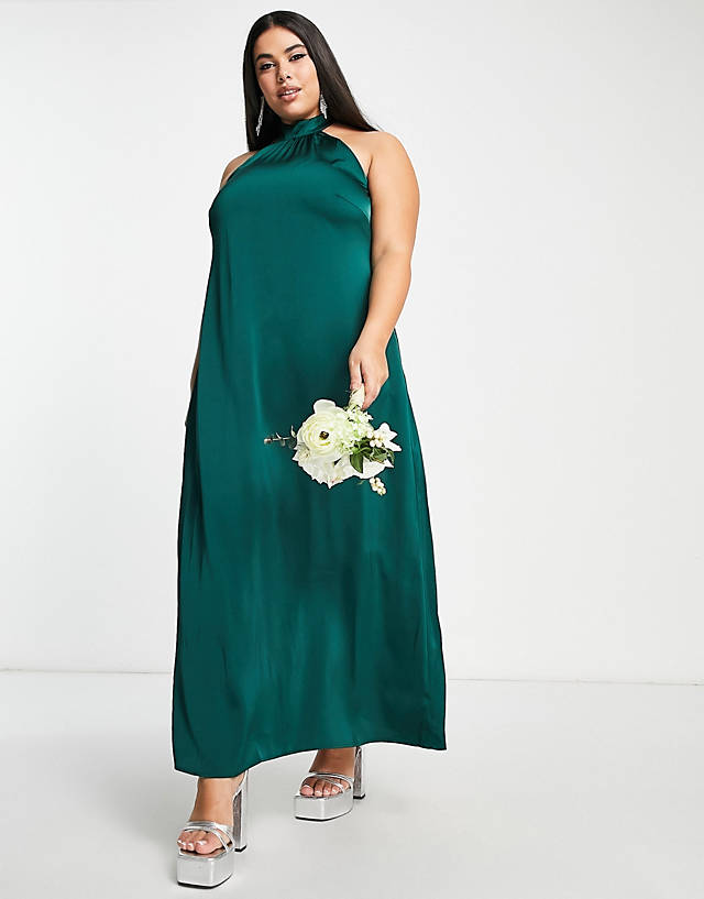 Vila Curve - bridesmaid satin halterneck maxi dress in deep green