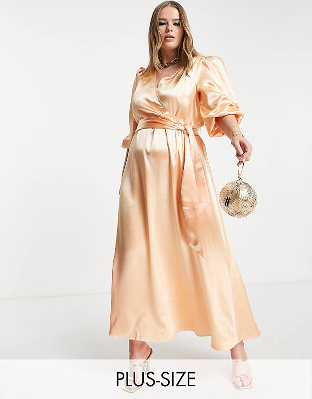 Vila Curve - bridesmaid wrap front maxi dress in apricot satin