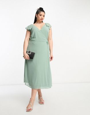 Vila Curve Bridesmaid Wrap Full Skirt Maxi Dress With Flutter Sleeves In Green