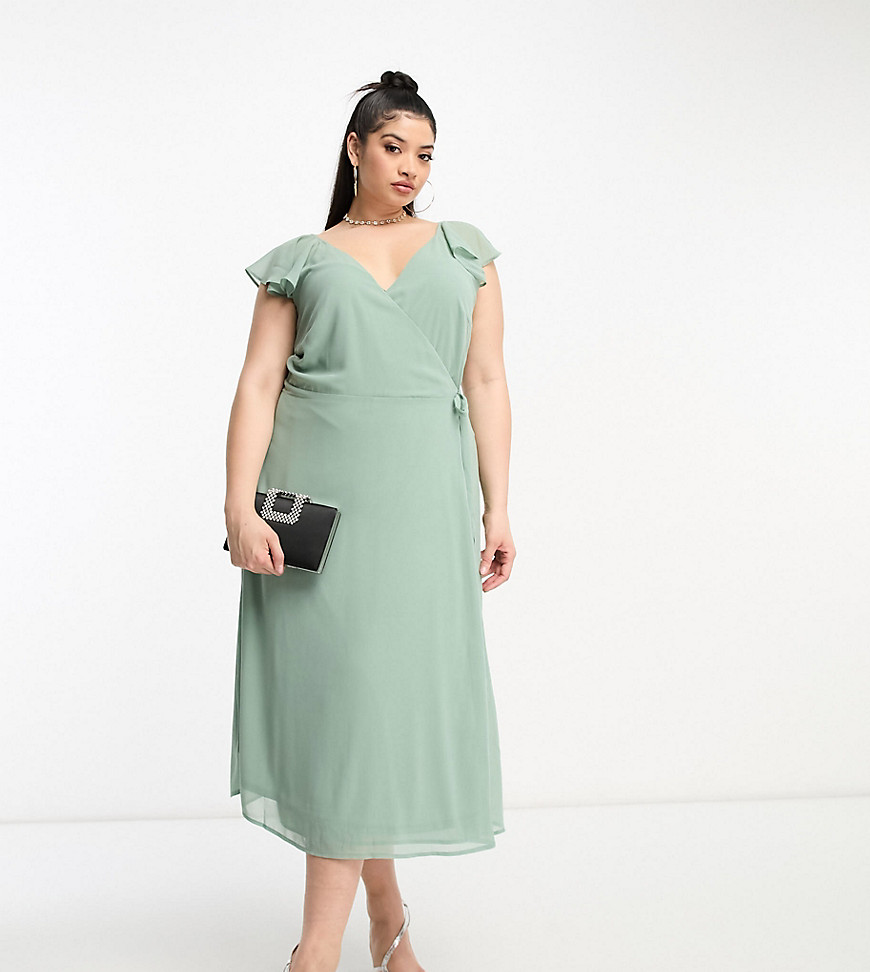 Bridesmaid wrap full skirt maxi dress with flutter sleeves in green