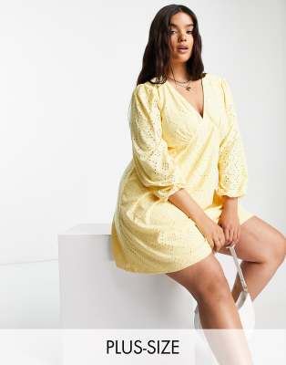 Vila Curve broderie v neck mini dress in yellow - ASOS Price Checker