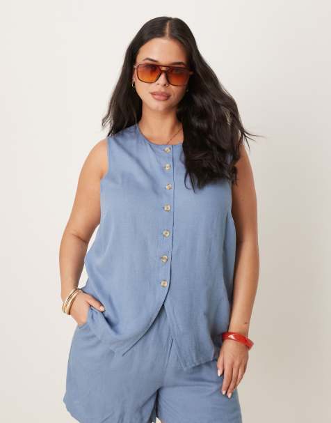 Vila Curve button front waistcoat co-ord in chambray blue - view 1