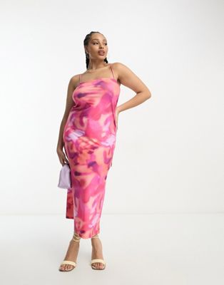 Vila Curve cami midaxi dress in pink abstract print