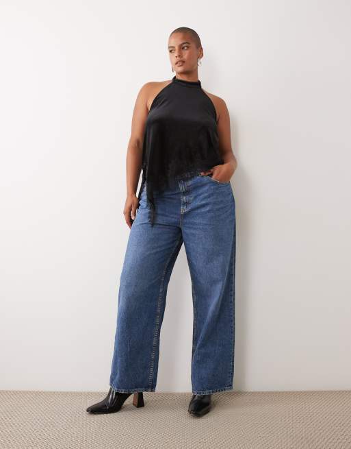 Vila Curve cami-top i velour med blondekant, del af sæt i sort, 2 af 4