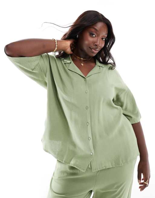 Vila Curve - Camicia a maniche corte in misto lino verde in coordinato