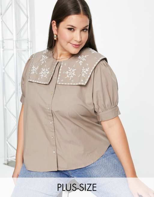 Vila Curve - Camicia con colletto ricamato stile tabarro, colore beige