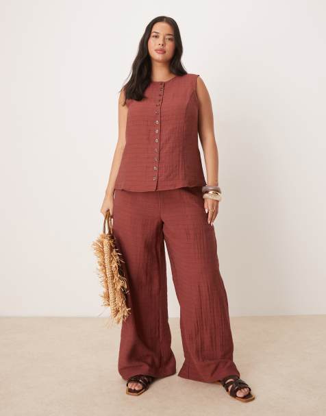 Vila Curve wide leg trouser co-ord in burnt henna check