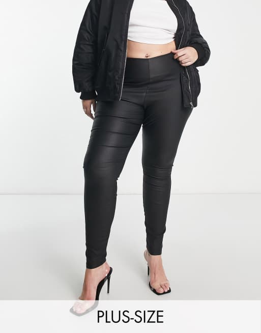 Vila Curve coated leggings with zip back in black