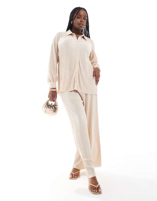 Vila Curve - Coordinato composto da camicia plissé e pantaloni a fondo ampio color crema
