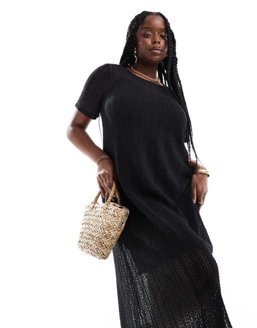 Vila Curve crochet t shirt maxi dress in black ASOS