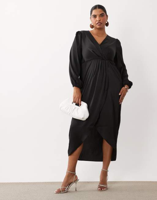 Vila Curve Curve slå om-maxikjole i satin i sort, 3 af 4