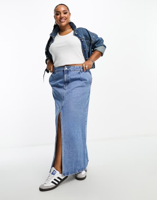 Vila Curve - Denim maxirok met dubbele split in lichtblauw met wassing
